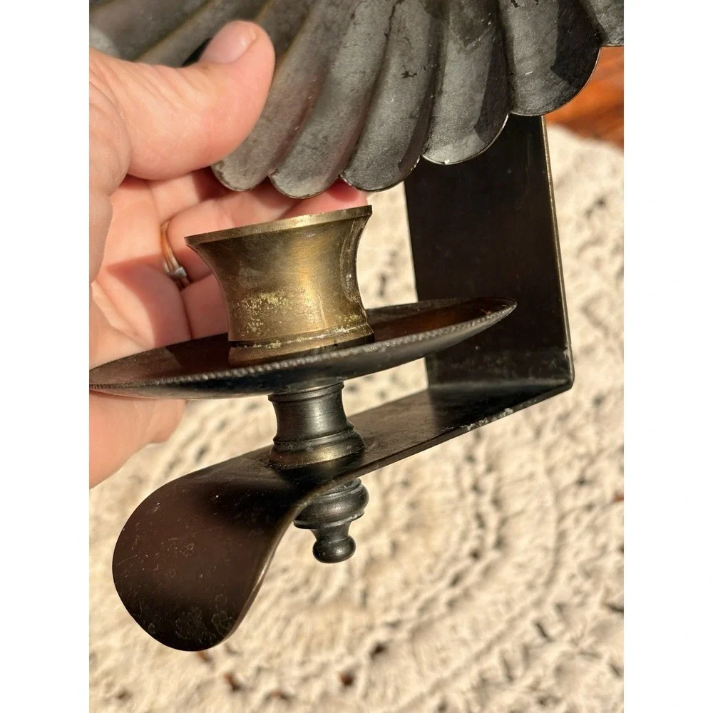 Vintage Tin Round Reflector Crimped Wall Sconce Candle Holder Prim Folk Decor